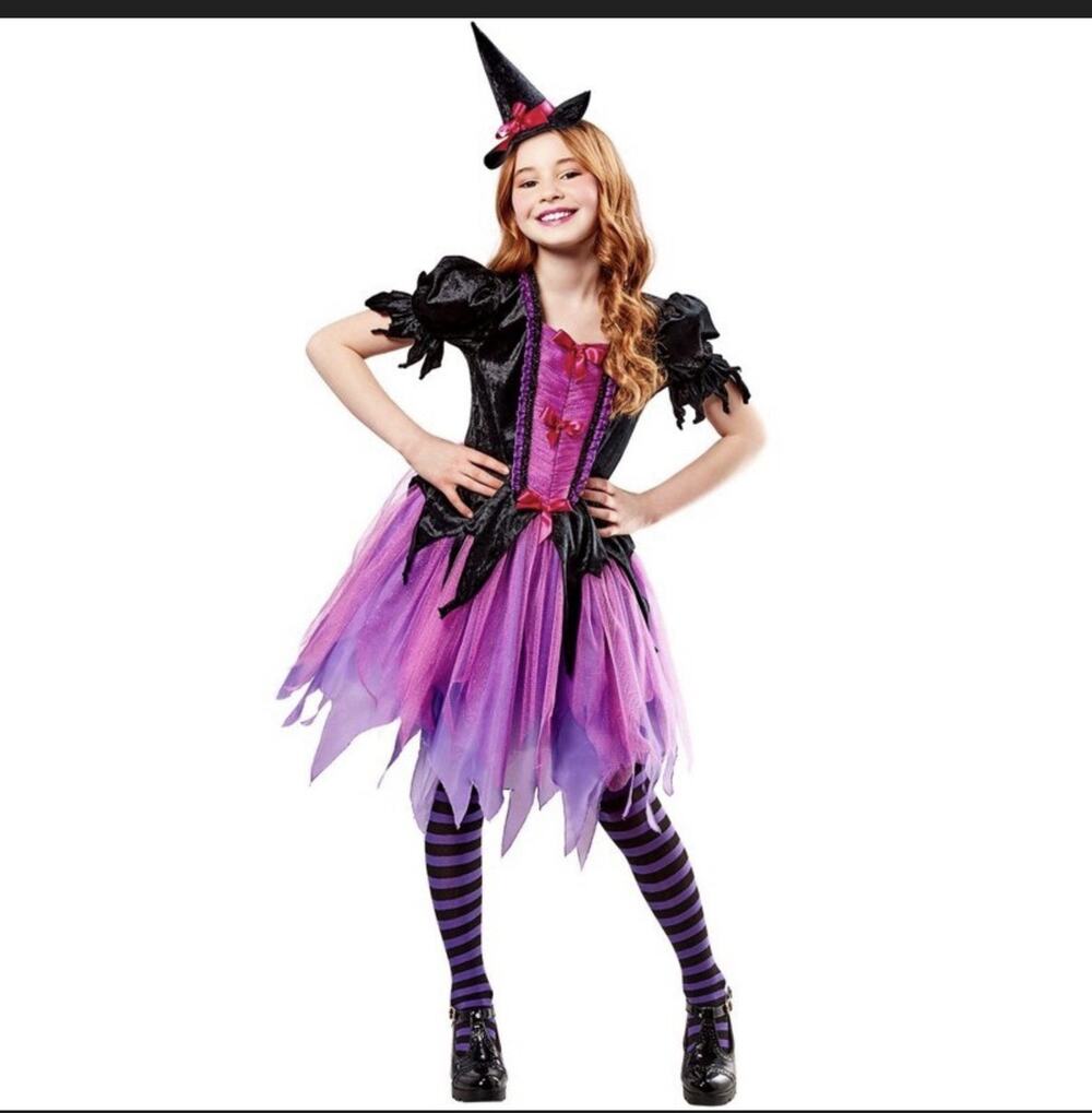 Purple Witch Girl's Dress Costume with Hat Small